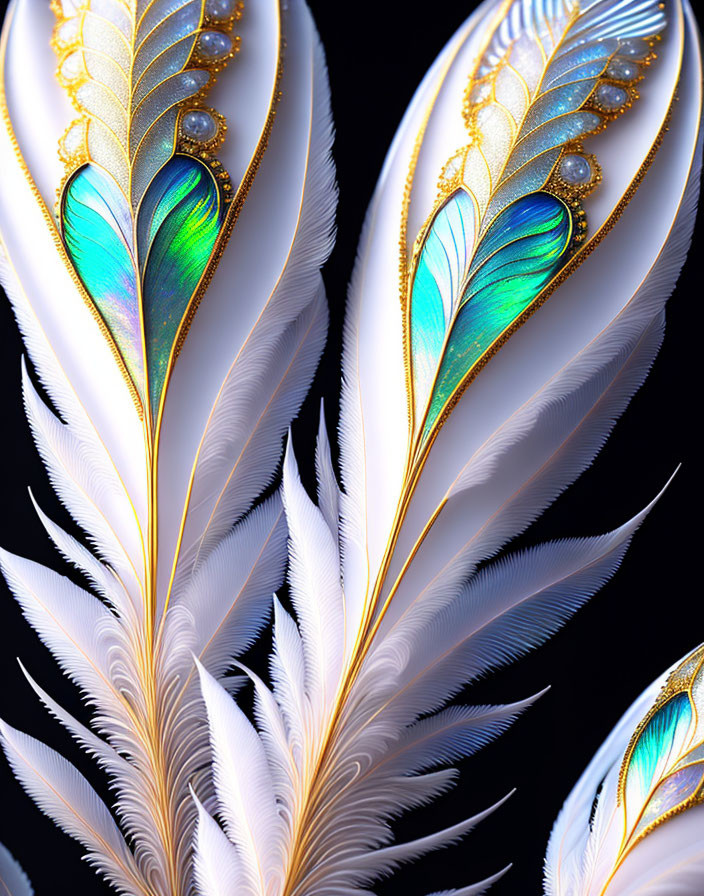 Luxurious feather art with gold and teal details on black background