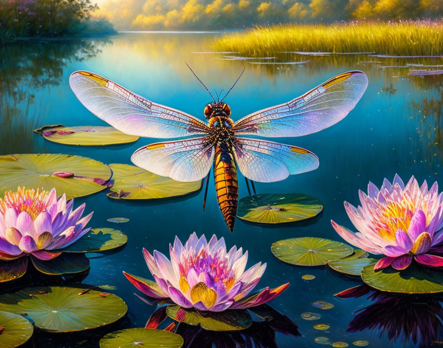 Dragonfly Hovering Over Water Lilies on Serene Lake