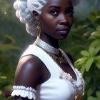 Digital artwork of dark-skinned woman in white headdress and dress amidst green foliage