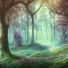 Tranquil forest landscape with white deer, flowers, and mist