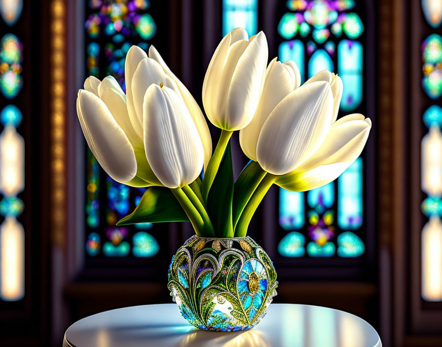 White tulips in ornate vase with stained glass windows casting colorful light