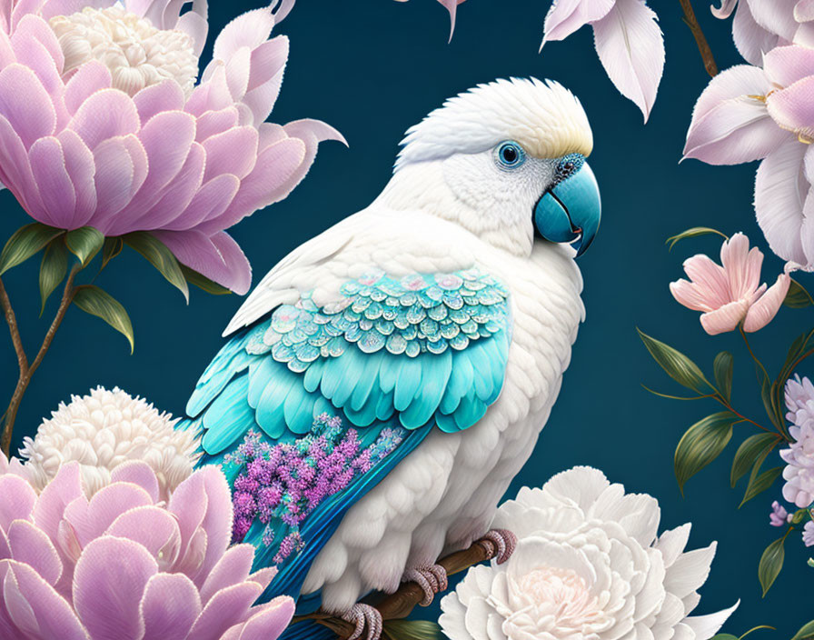 White Parrot with Blue and Turquoise Feathers Next to Pink Peony Flowers on Deep Blue Background