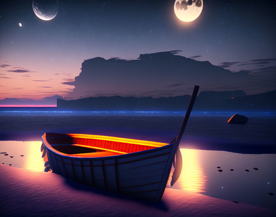 Twilight scene with wooden rowboat under two moons