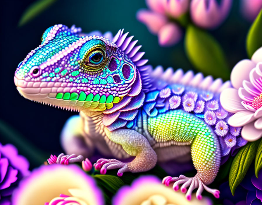 Colorful lizard surrounded by vibrant flowers in purple, green, and pink