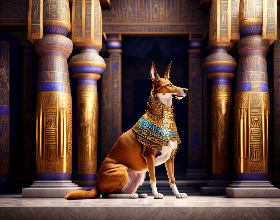 Ancient Egyptian-style collar on regal dog in ornate temple