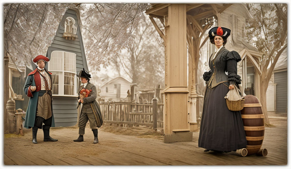 Historical Clothing Trio on Village Street with Old Buildings