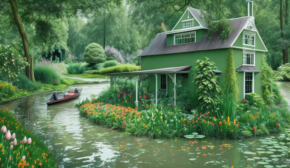 Tranquil Green House by River with Boat and Gardens