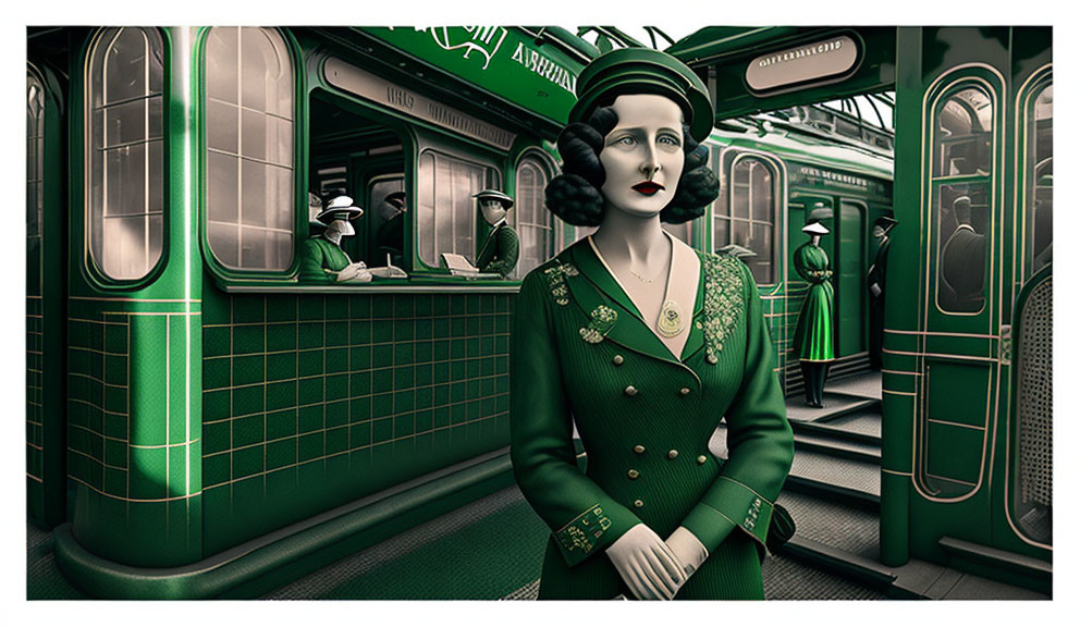 Vintage illustration of a woman in green suit in subway car