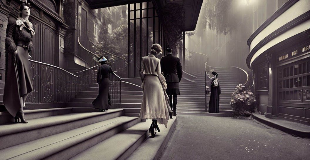 Monochrome image of elegant individuals in vintage attire walking towards grand staircase in ethereal fog