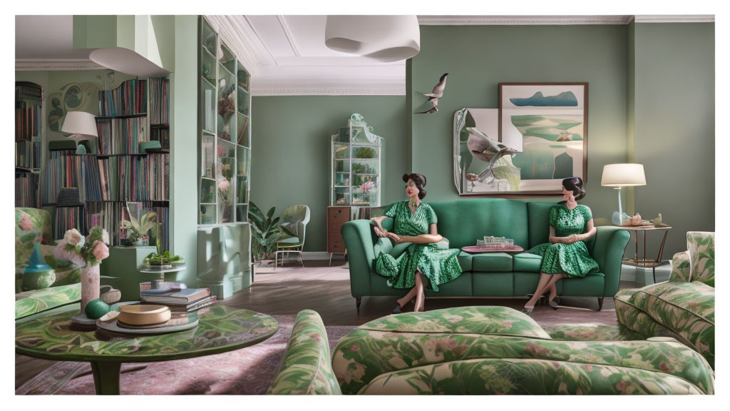 Green-themed Living Room with Matching Dresses, Bookshelves, Sofa, Armchairs