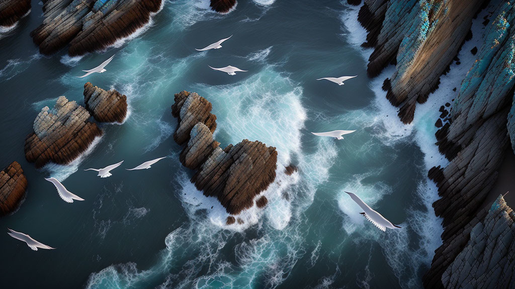 Rocky Coastline with Crashing Waves, Seagulls, and Shark in Clear Blue Water