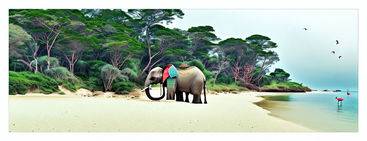 Elephant on serene beach with lush trees, red birds, and umbrella