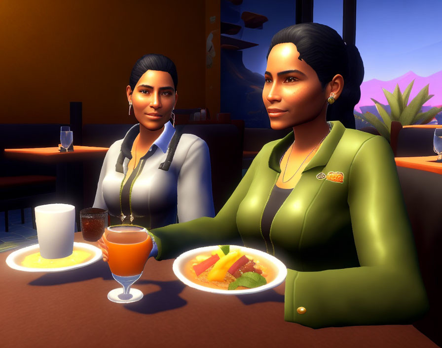 Two animated female characters dining at a restaurant table with drinks and colorful dish in a sunset-lit scene