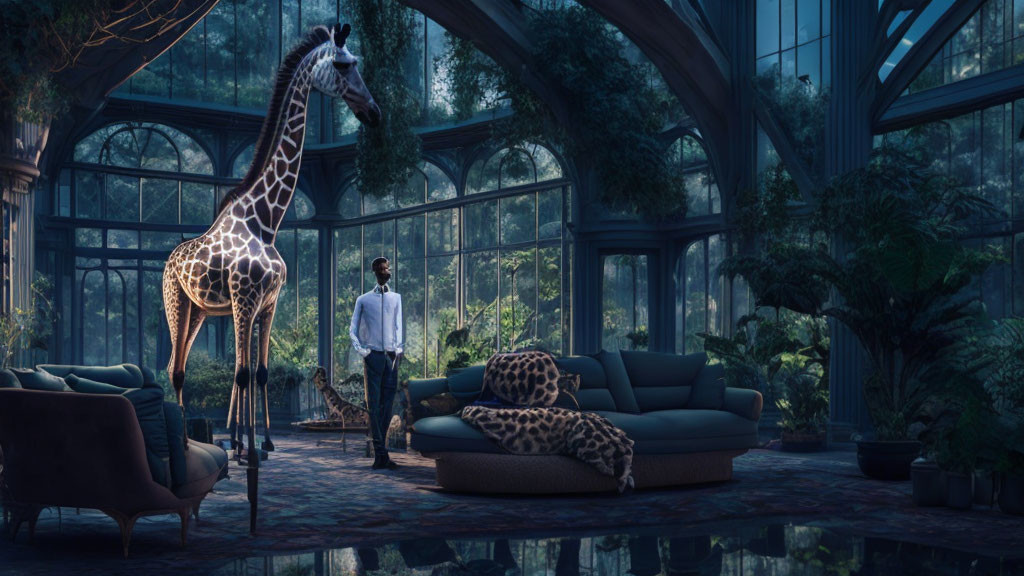 Person in plant-filled conservatory with giraffes on elegant furniture