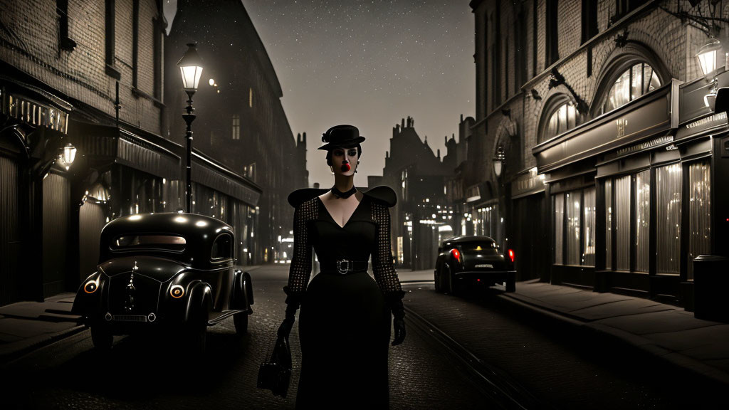 Vintage woman in film noir setting with old cars and dimly lit street