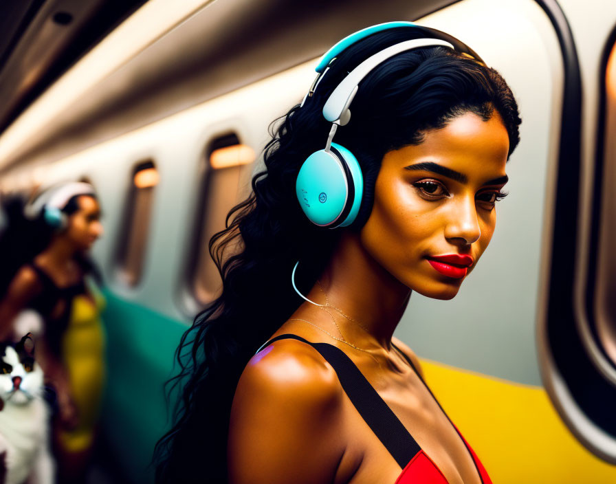 Woman with headphones in subway car, bold lipstick and elegant jewelry.