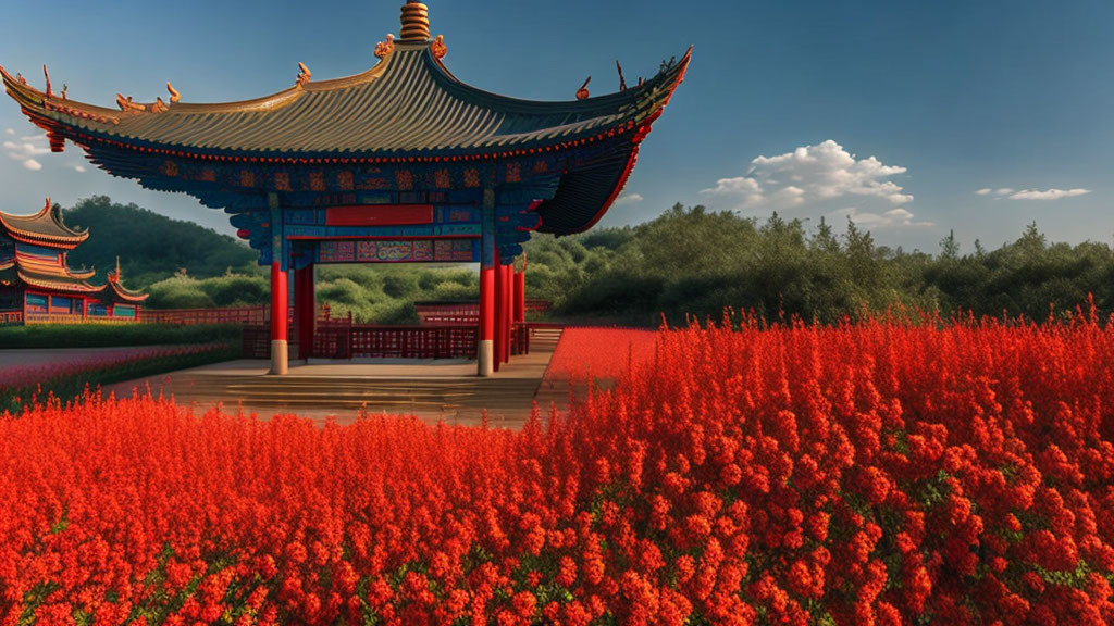 Vibrant red flowers in Asian-style garden with pagoda roofs