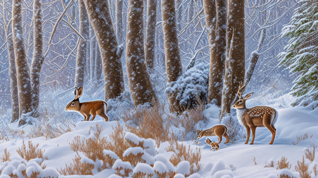 Winter forest scene with hare and deer family in snow.