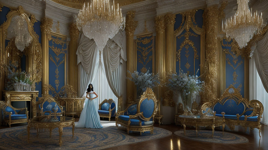 Luxurious room with golden decor, chandeliers, blue furniture, woman in white dress