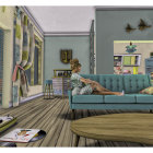 Green-themed Living Room with Matching Dresses, Bookshelves, Sofa, Armchairs