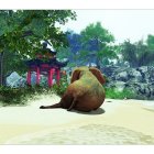 Elephant on serene beach with lush trees, red birds, and umbrella