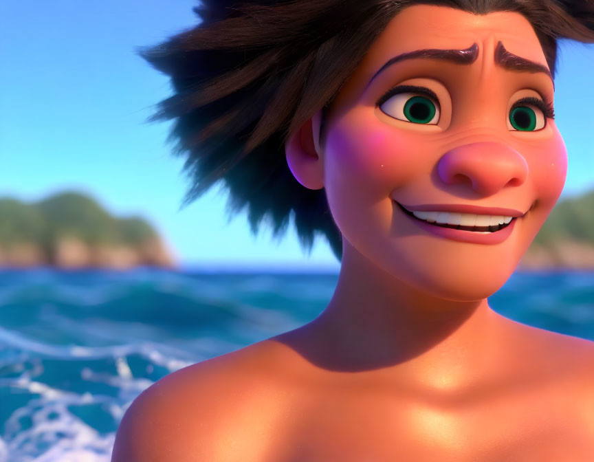 Brown-Haired Animated Character with Joyful Expression by Ocean and Blue Skies