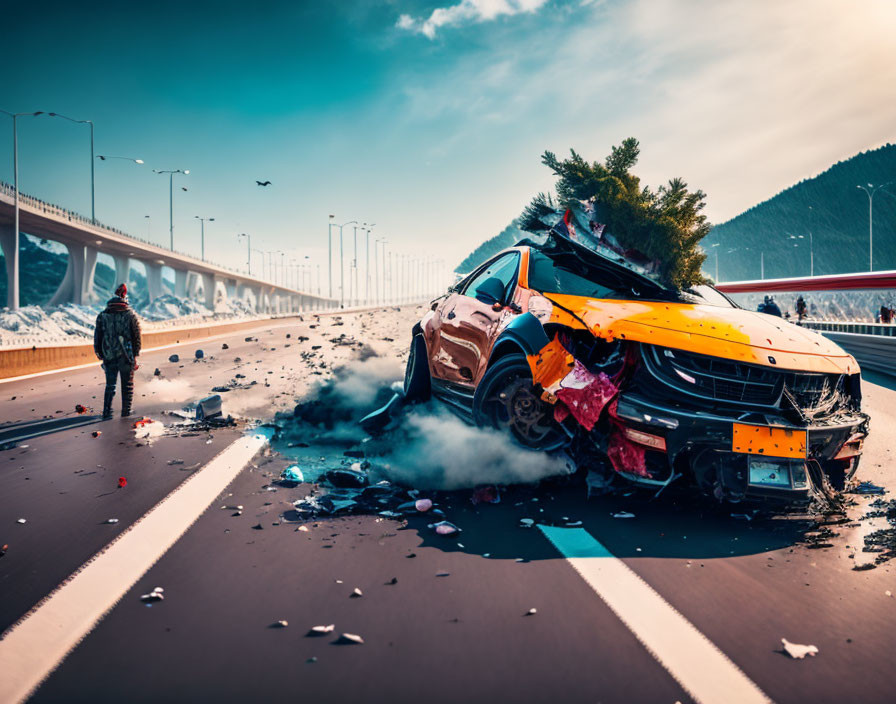 Crushed vehicle on highway with debris, person walking under clear sky.