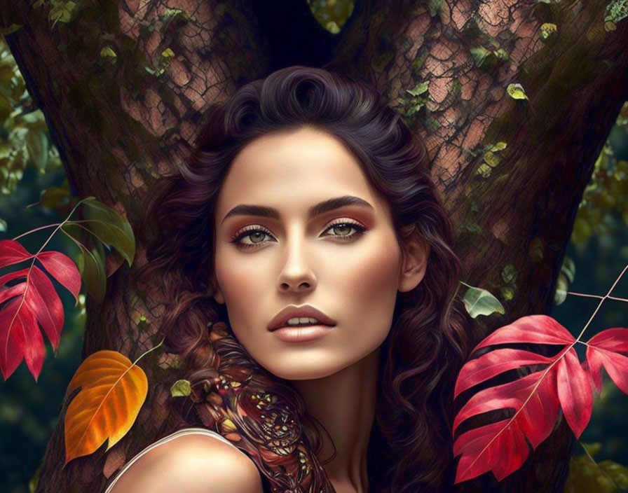 Portrait of Woman with Brown Hair and Green Eyes Blended into Tree with Red and Brown Leaves