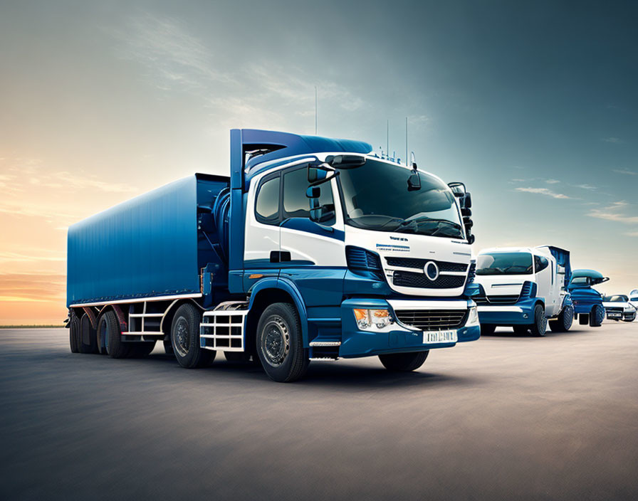 Modern blue semi-trucks convoy on smooth tarmac road at sunset