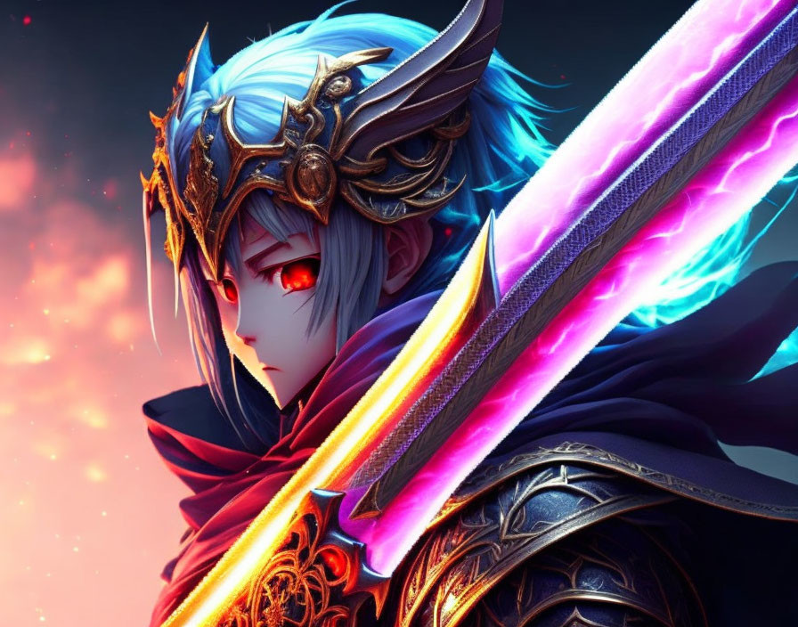 Silver-haired character in blue and gold armor wields glowing sword