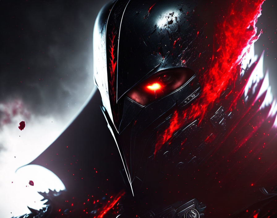 Sinister dark helmet with glowing red eye and swirling mist