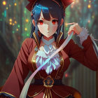 Blue-haired anime character in red military uniform unsheathing sword