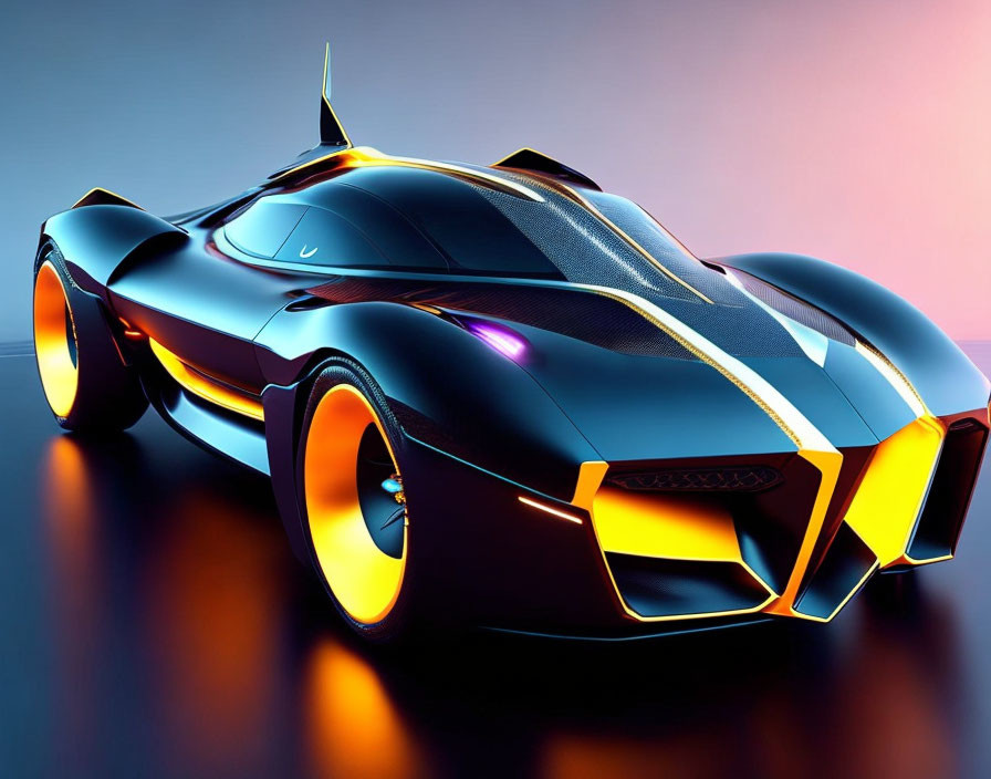 Futuristic car with glowing orange wheels and sharp angles