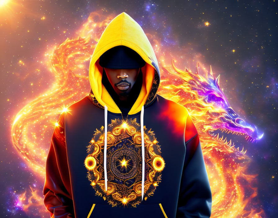 Hooded figure in cosmic setting with fiery dragon