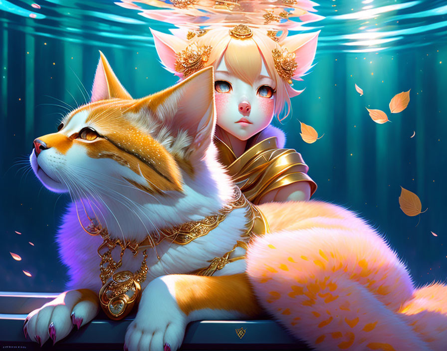 Illustration: Mystical fox and humanoid with golden accessories in aquatic scene with autumn leaves