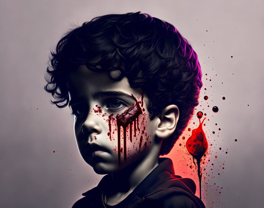 Dark surreal digital artwork of child with somber expression and blood splatter effects