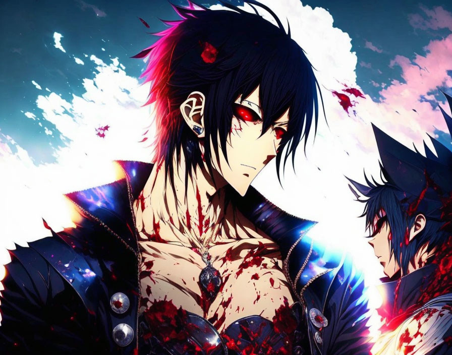 Anime character with black hair, red eye, and dramatic red & white background