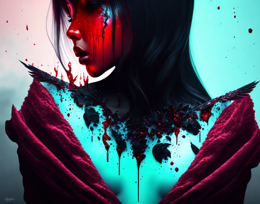 Digital artwork of woman with red and black wings and paint on face against teal background