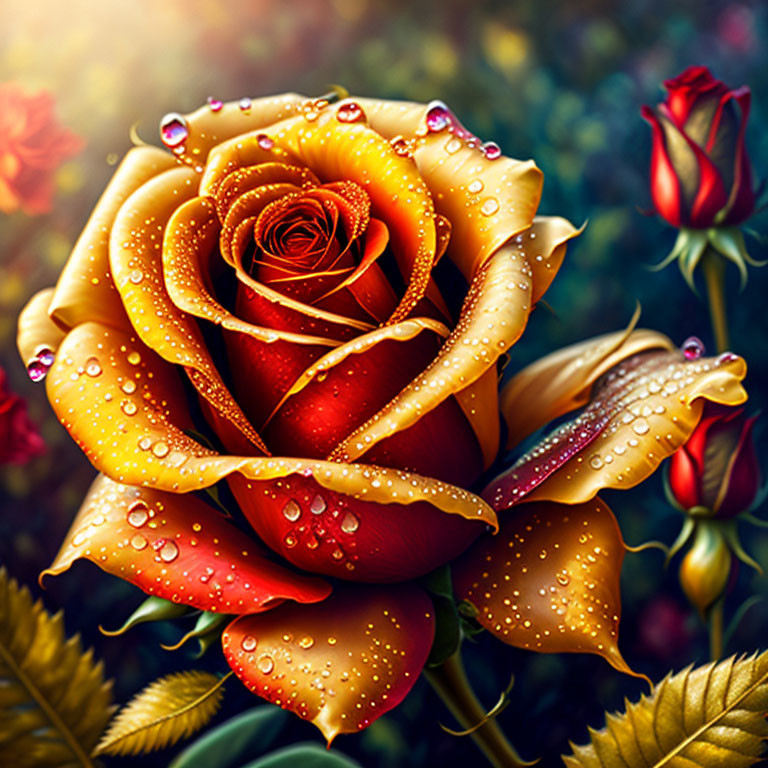 Vibrant golden rose with dewdrops on dark green foliage and red roses