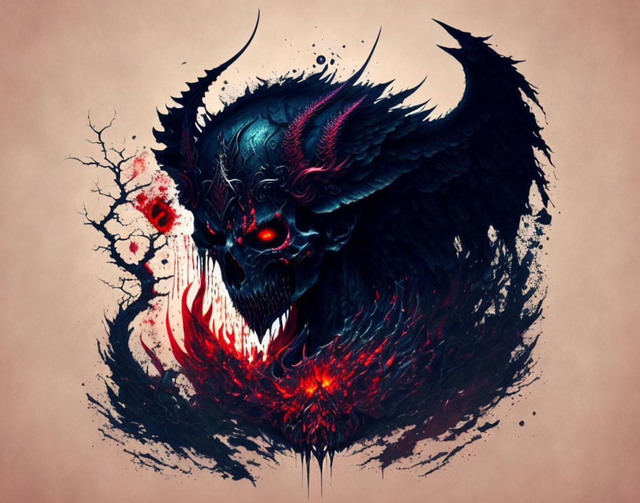 Black Dragon with Glowing Red Eyes and Dark Energy on Light Brown Background