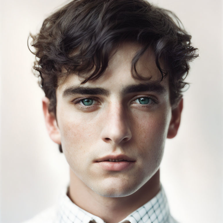 Young man with curly hair and blue eyes in checkered shirt.