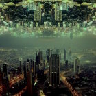 Futuristic Cityscape with Skyscrapers and Flying Vehicles