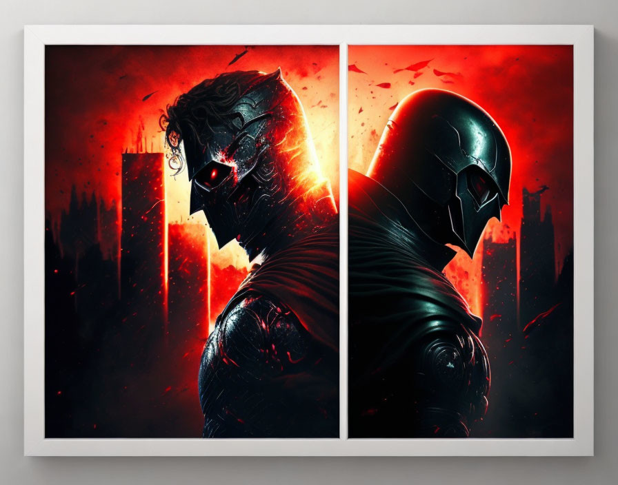 Framed Artworks: Masked Character in Red and Black with Dystopian Cityscape