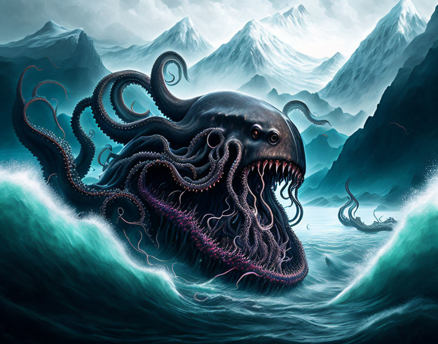 Mythic octopus in turbulent ocean waves with snowy mountains and stormy sky