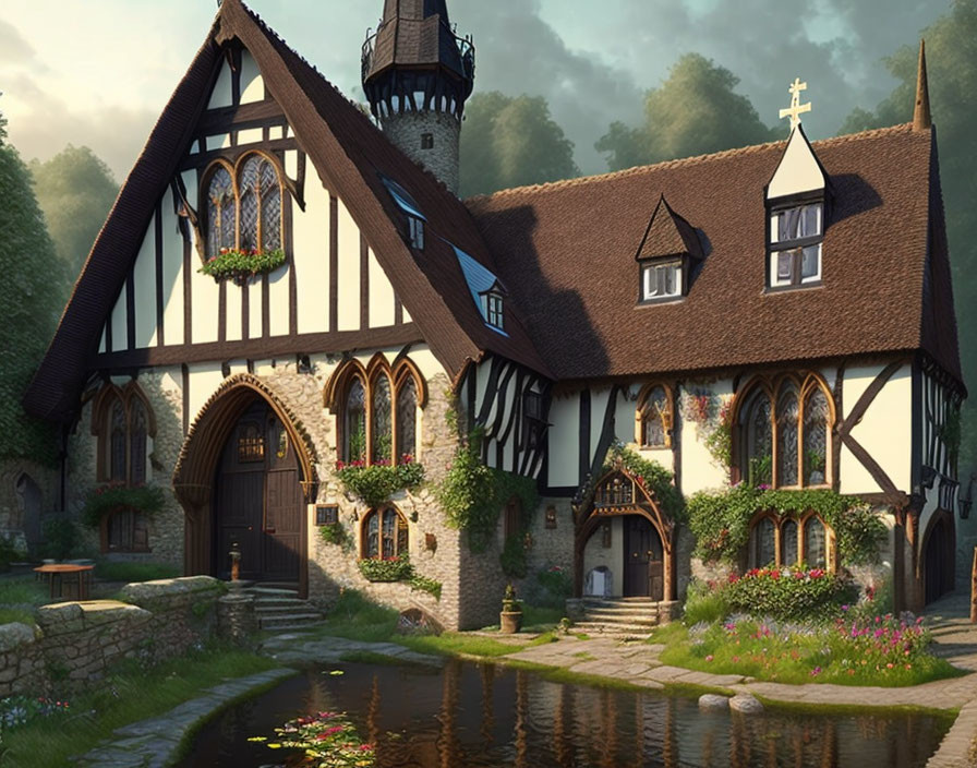 Medieval-style house with timber framing, lush greenery, pond, and stone tower.