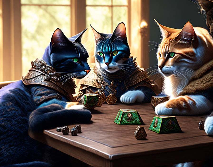 Fantasy armor-clad cats at dice-adorned table