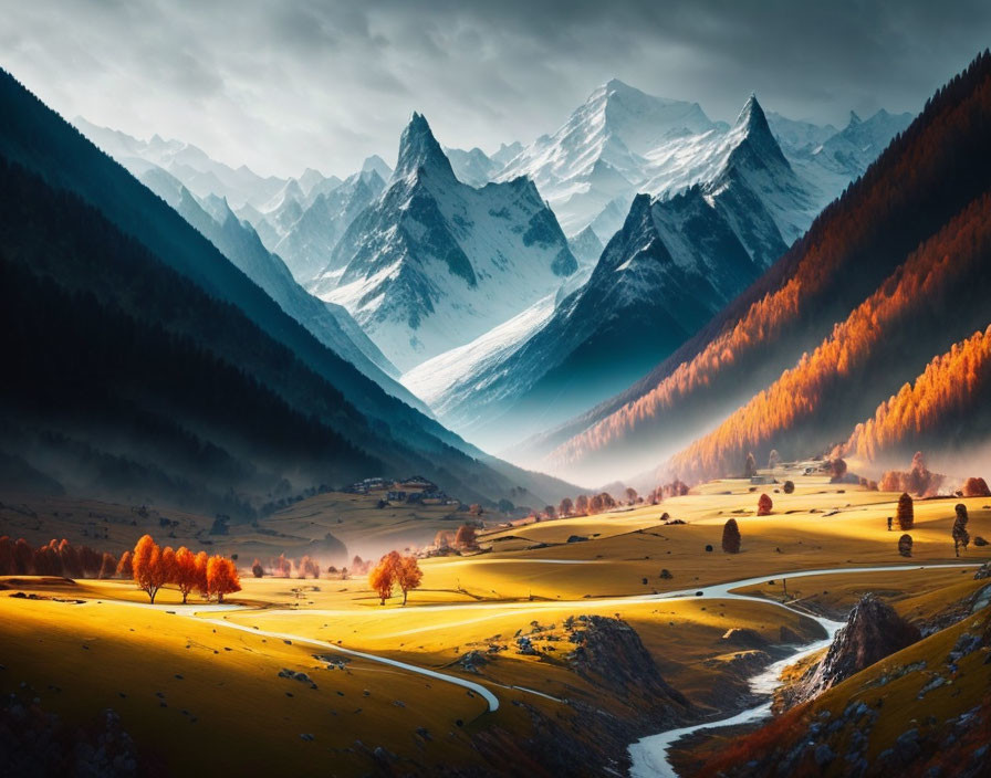 Scenic Valley with River, Autumn Trees, Snowy Mountains & Dramatic Sky