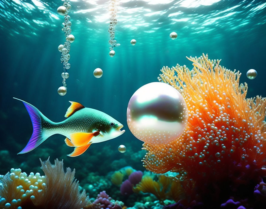 Colorful Fish Swimming Near Pearl in Coral Under Sunlit Ocean