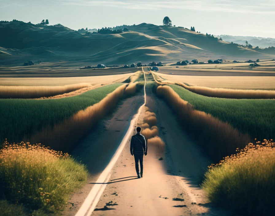 Person Walking Down Serene Rural Road with Golden Fields and Blue Sky