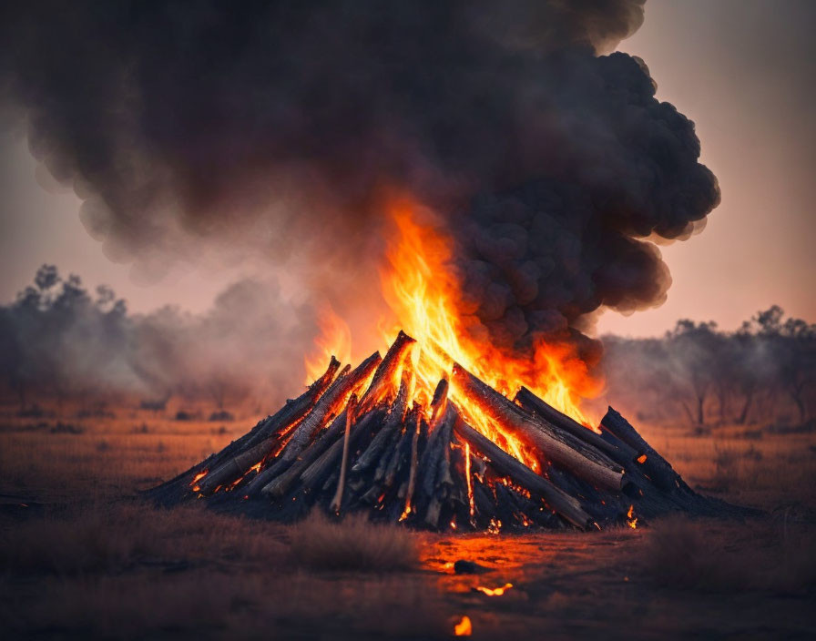 Intense flames and billowing smoke in open field at dusk